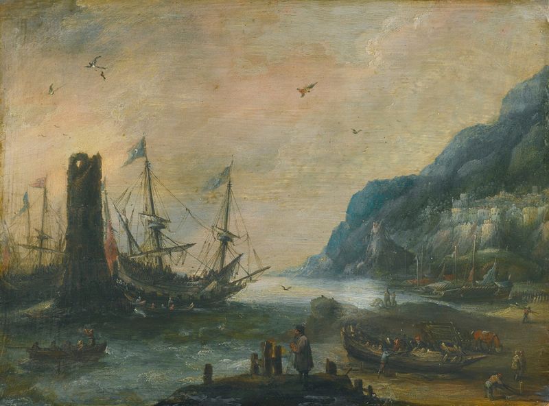 Marine scene with ships and figures on the shore, oil painting by Andries van Eertvelt