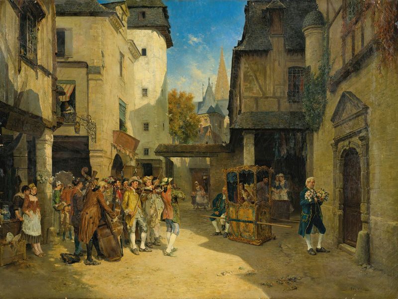 Romanticism oil painting by François-Adolphe Grison depicting a musician playing a lute.