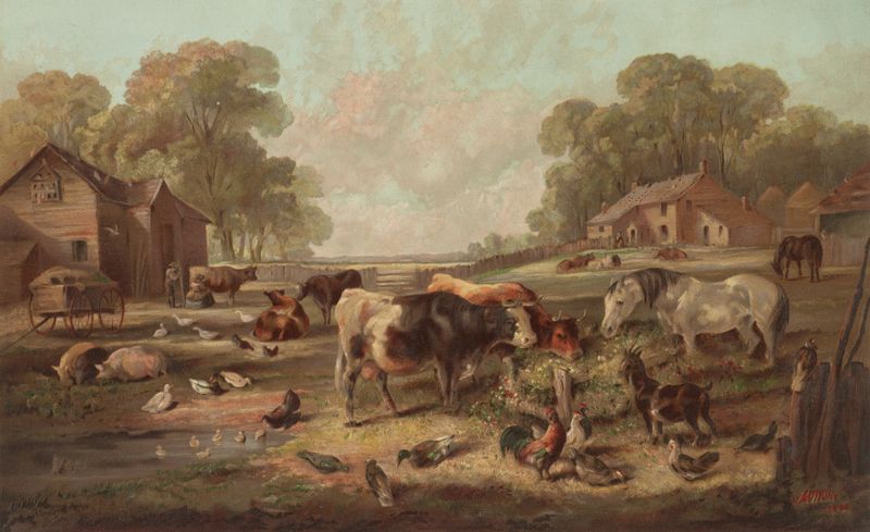 Lithograph by Currier & Ives showing a farmhouse and fields