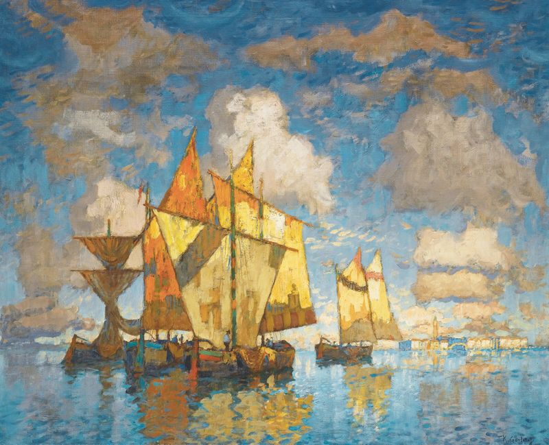 Fishing boats in the lagoon at sunset, oil on canvas by Konstantin Ivanovich Gorbatov