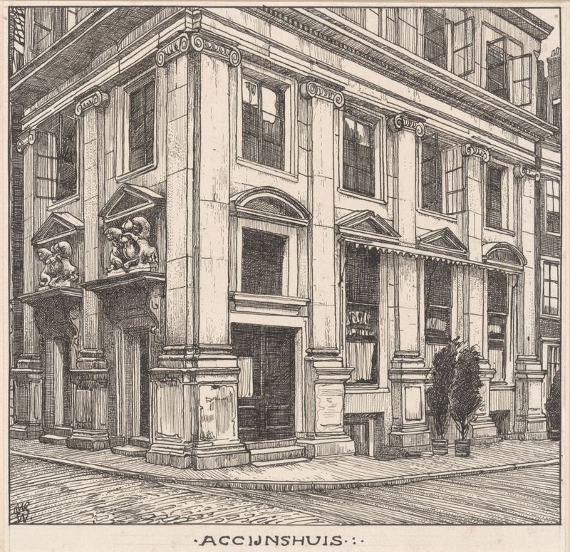 Het Accijnshuis te Amsterdam de Willem Wenckebach, pintura a óleo que retrata uma fachada arquitetônica.