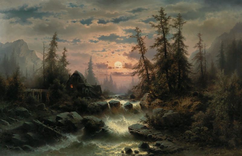 Mountain Stream In The Moonlight de Albert Rieger, pintura a óleo que retrata um riacho sereno sob a luz da lua.