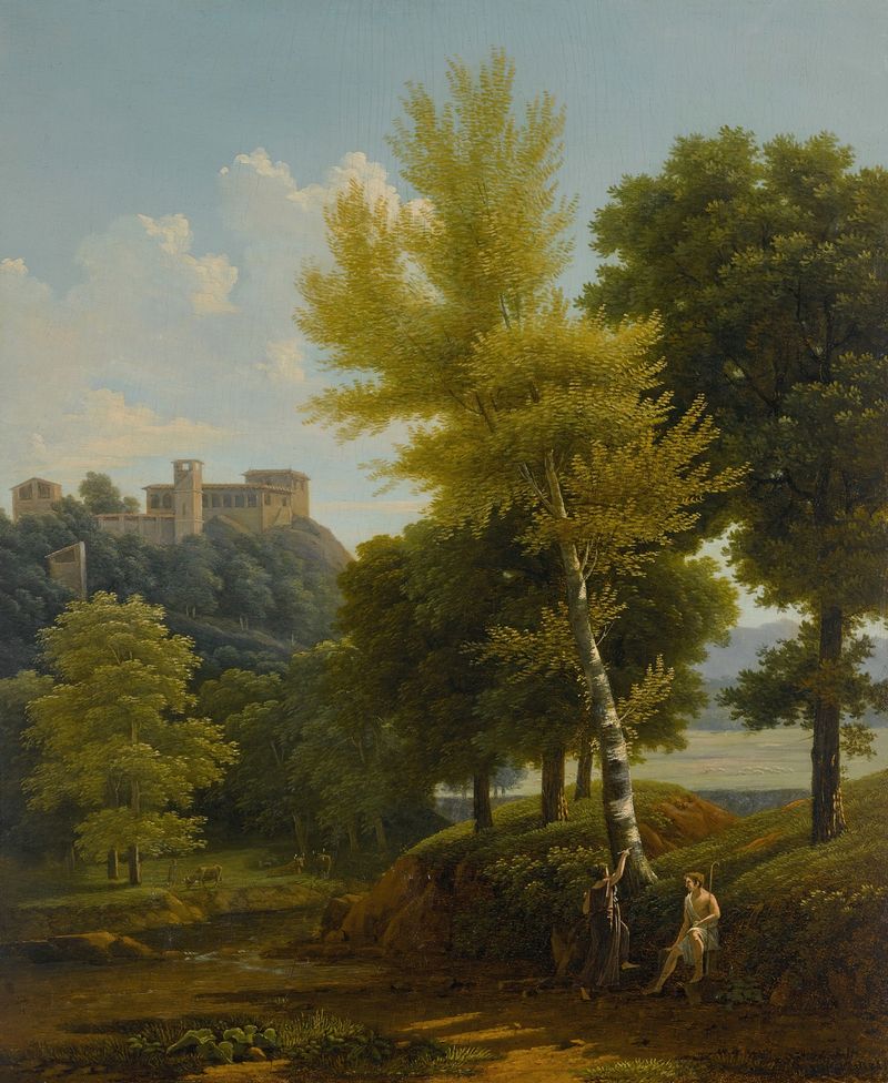 Óleo sobre tela de Jean-Victor Bertin mostrando Pâris e Oenone perto de um riacho com um castelo.