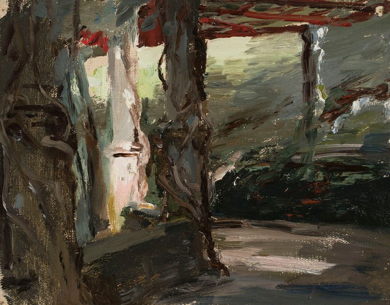 Pintura a óleo de paisagem de Jan Ciągliński com arquitetura em ruínas e tons quentes