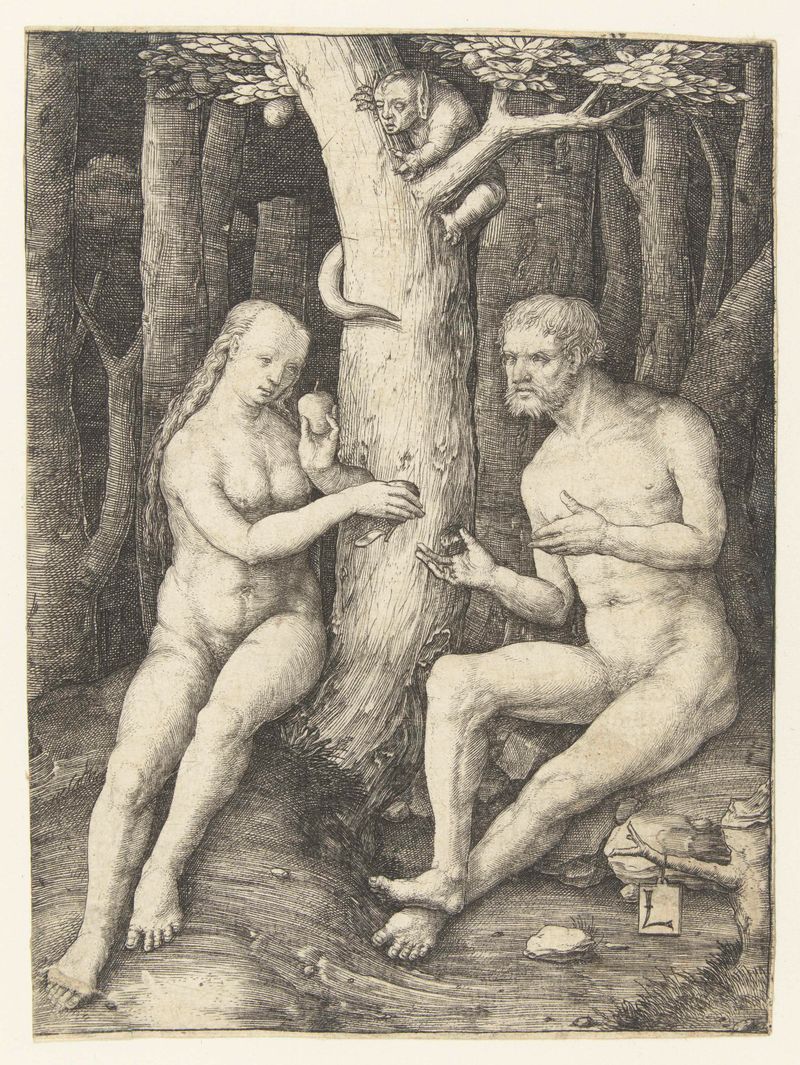 Gravura De zondeval de Lucas van Leyden, com uma serpente dourada e figuras humanas