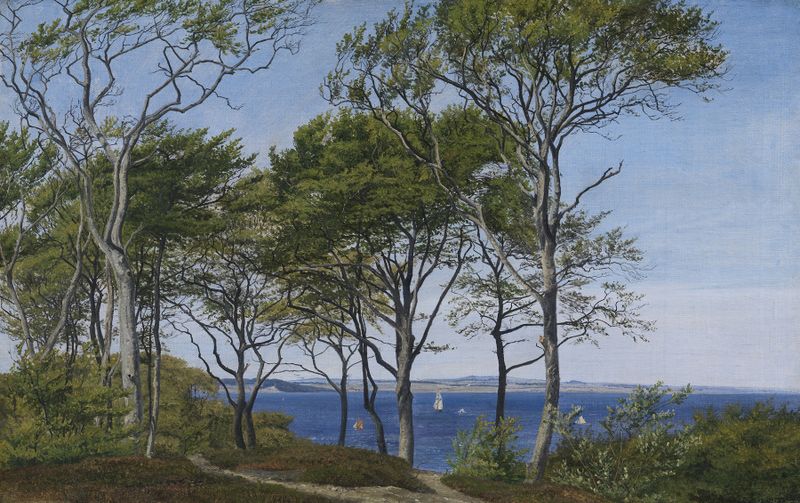 Paisaje con árboles de haya y un fiordo de P. C. Skovgaard, pintura al óleo