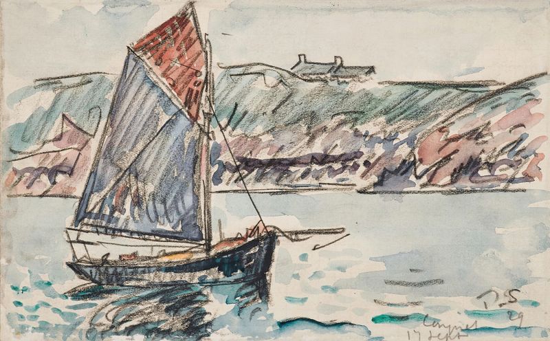 Cena marinha com um veleiro, pintura a óleo de Paul Signac