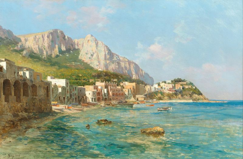 A Scene in Capri de Enrico Gargiulo, óleo sobre lienzo que muestra un paisaje vibrante con colores azul y esmeralda.