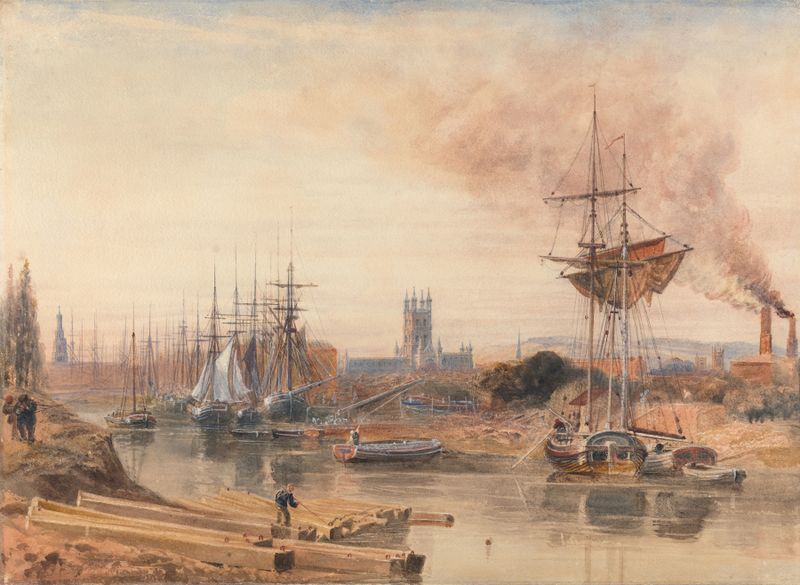 Paisaje de Gloucester por Peter DeWint, con ricos tonos tierra en una pintura al óleo.