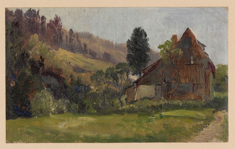 Paisagem com edifícios em Zlaté Hory de Adolf Dressler, óleo sobre tela, mostrando colinas e luz solar.