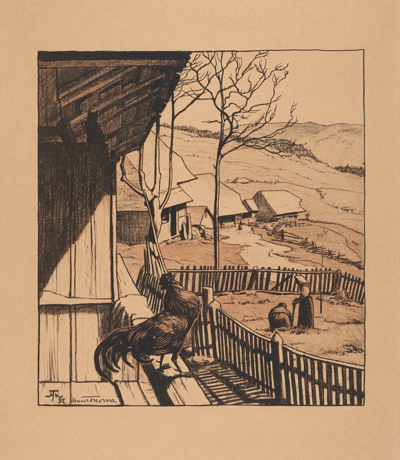 Landscape with a Crowing Cockerel, oil painting by Hans Thoma featuring a vibrant cockerel in a rural setting.