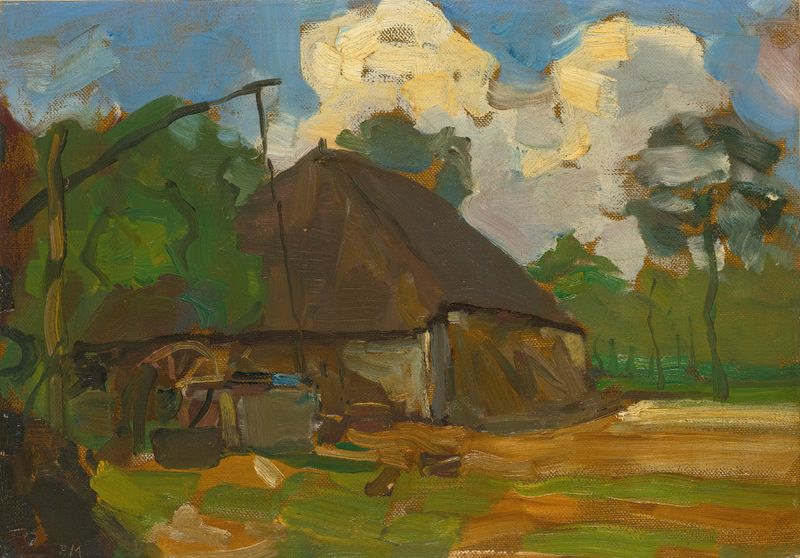 Farm Building With Well In Daylight by Piet Mondrian, oil painting depicting a rural landscape with a well