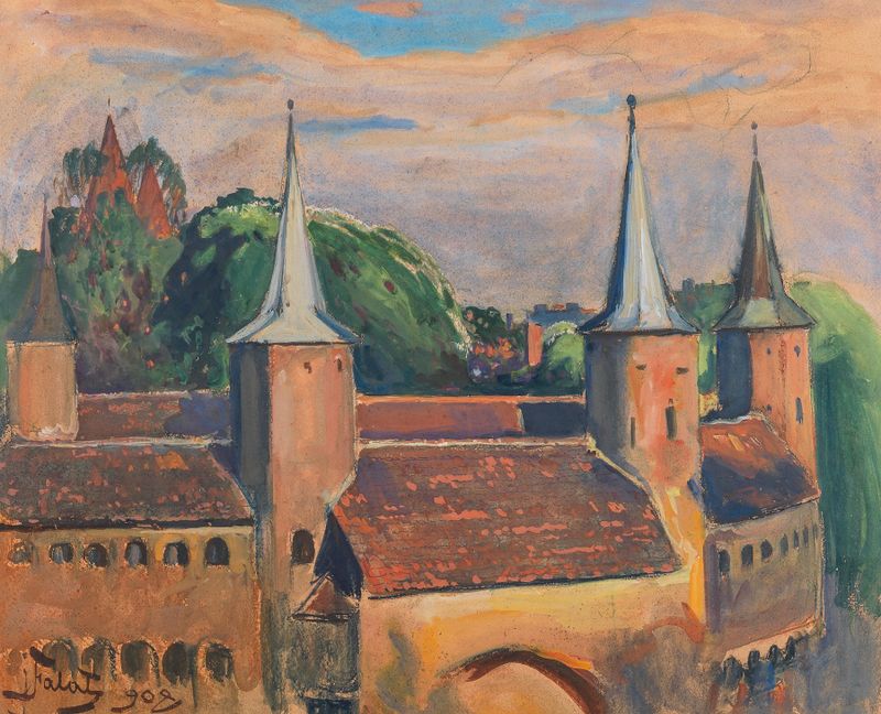 The Kraków Barbican by Julian Falat, realism, depicting historical architecture with earthy tones.