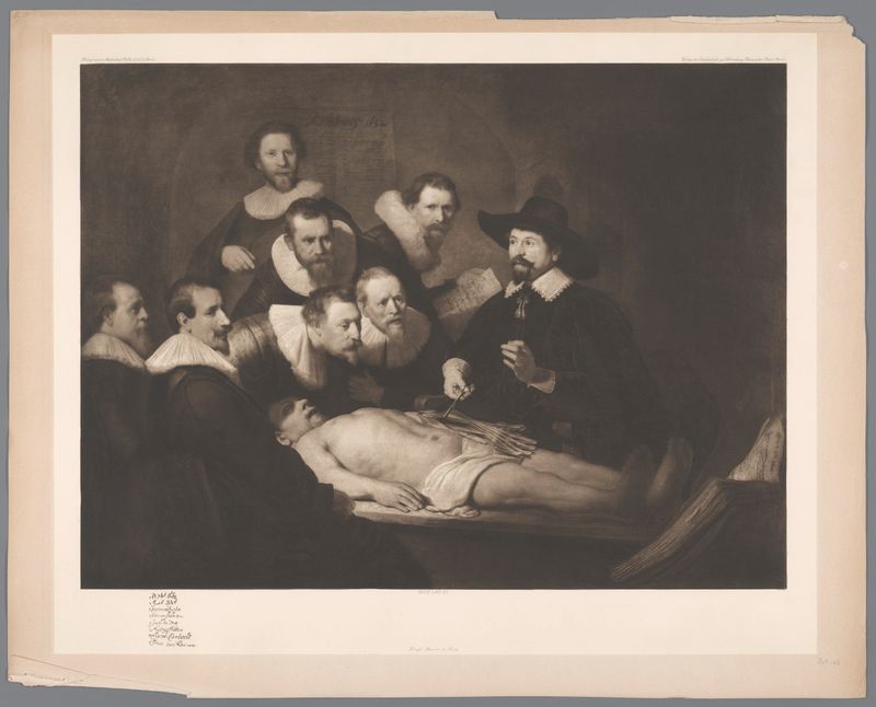 Aguatinta de De anatomische les van Dr. Nicolaes Tulp de Rembrandt, mostrando a un médico y estudiantes.