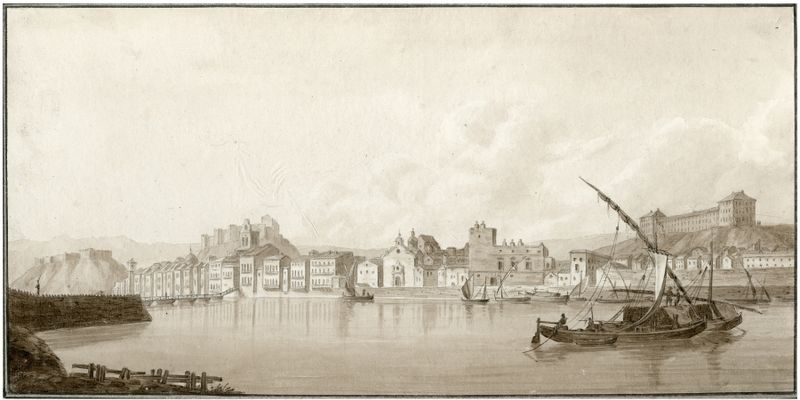 Landscape oil painting by Otto Howen depicting a river and cityscape