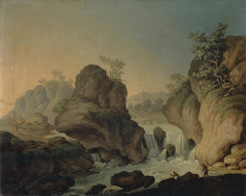 Paisagem com Cachoeira e Pescadores de Johann Nepomuk Wocher, pintura a óleo