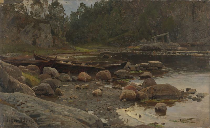 Waterside with Boats de Anders Askevold, pintura al óleo que muestra barcos en el agua con reflejos de luz solar