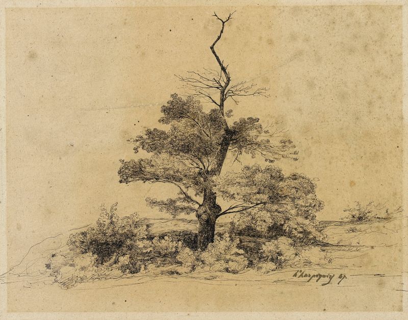 Paisaje con árboles y follaje de Henri-Joseph Harpignies, pintura al óleo, 1847
