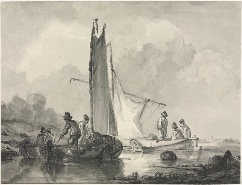 Paisaje fluvial con pescador y tres barcos, óleo sobre lienzo de Albertus Van Beest