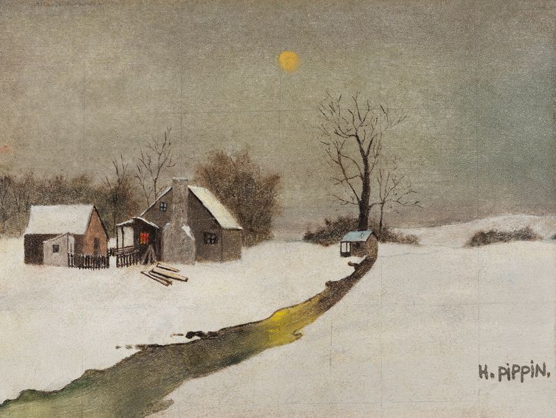 Winter Landscape de Horace Pippin, óleo sobre lienzo que muestra una escena nevada con árboles oscuros
