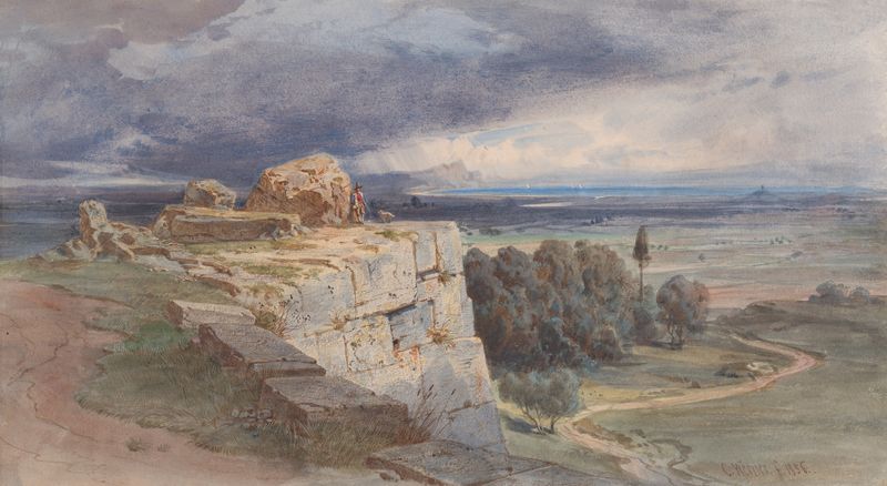 Landscape view with hills and water by Carl Friedrich Heinrich Werner, oil painting