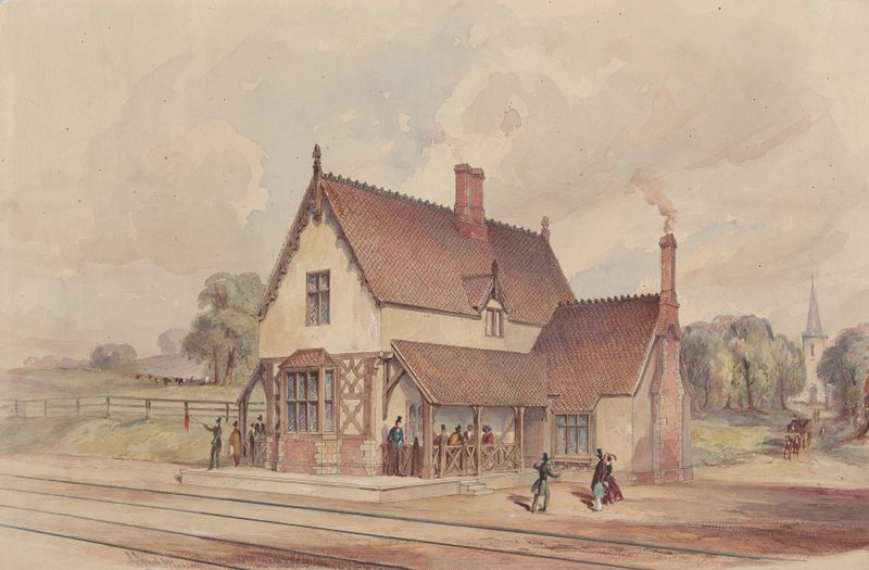 Victorian landscape featuring a train station and railroad crossing by John Connell Ogle