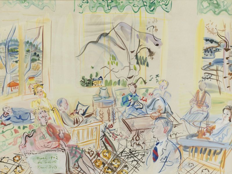 Paisaje que representa una casa bajo un cielo sereno, óleo de Raoul Dufy