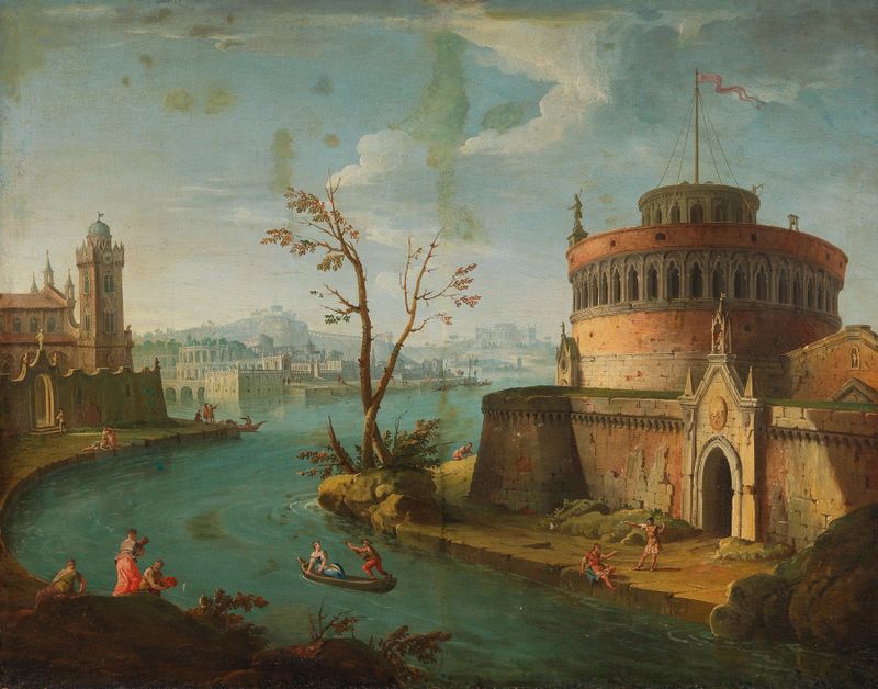 Rococo landscape featuring a river and hills by Antonio Joli
