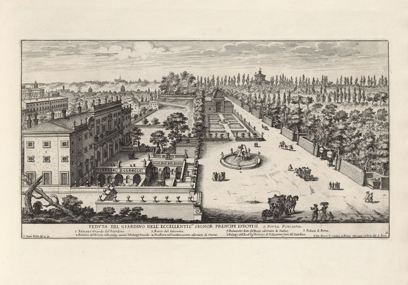Botanical garden scene by Giovanni Battista Falda, 17th century etching