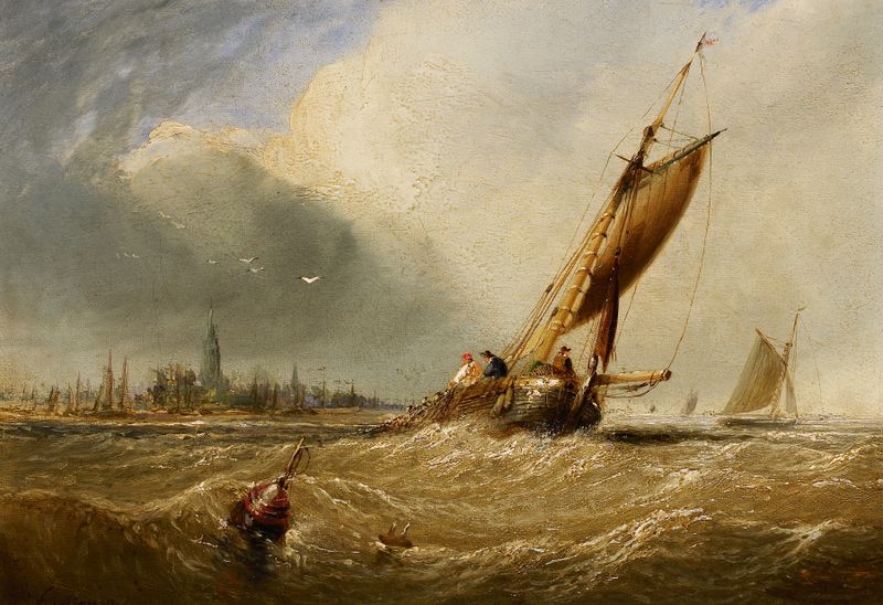 Marine scene with boats in a harbor, oil on canvas by François Musin