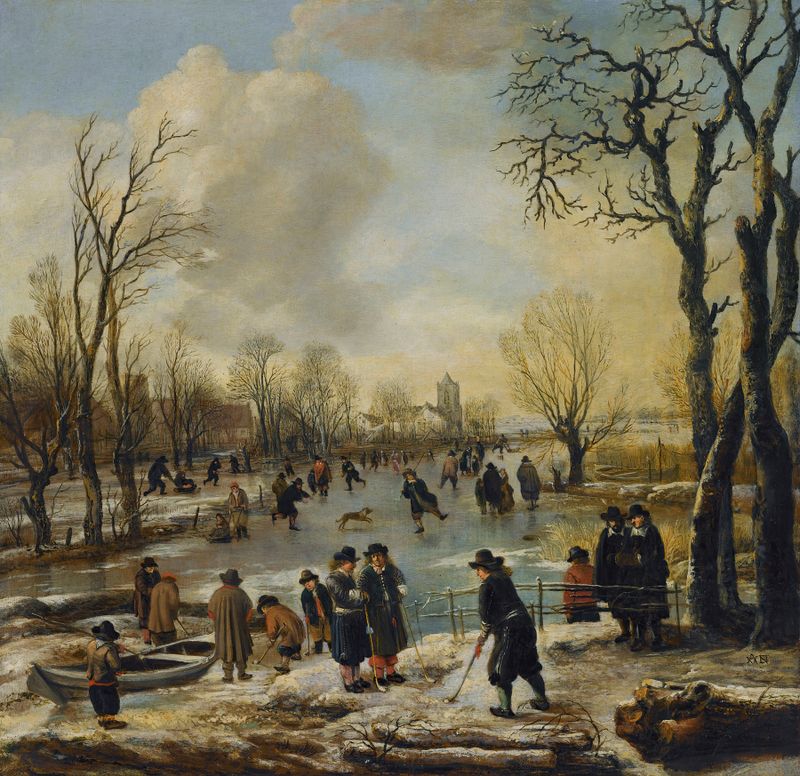 Paisagem de inverno com aldeões patinando em um canal congelado, pintura a óleo de Aert van der Neer.