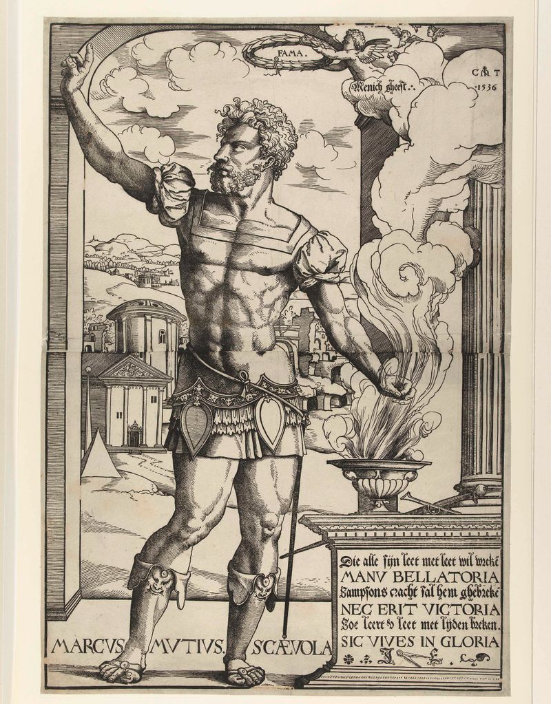 Dibujo histórico de Marcus Mucius Scaevola por Cornelis Anthonisz, medio papel