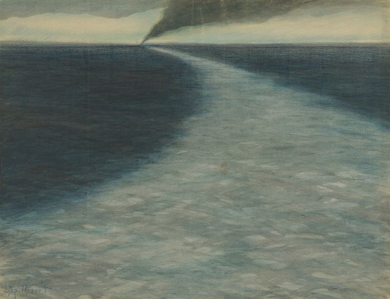 Marine met kielzog de Léon Spilliaert, óleo que muestra un mar sereno y horizonte.