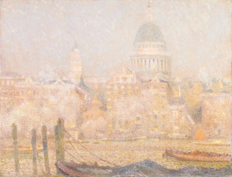 St. Paul’s from the River- Morning Sun in Winter by Henri Le Sidaner, oil painting depicting a serene winter landscape.