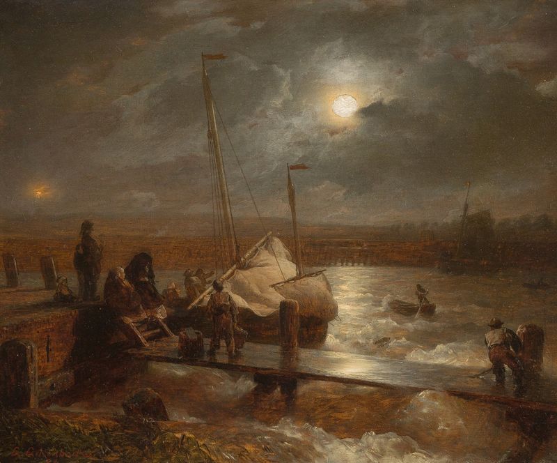Return at Full Moon by Andreas Achenbach, oil on canvas depicting a serene twilight landscape.