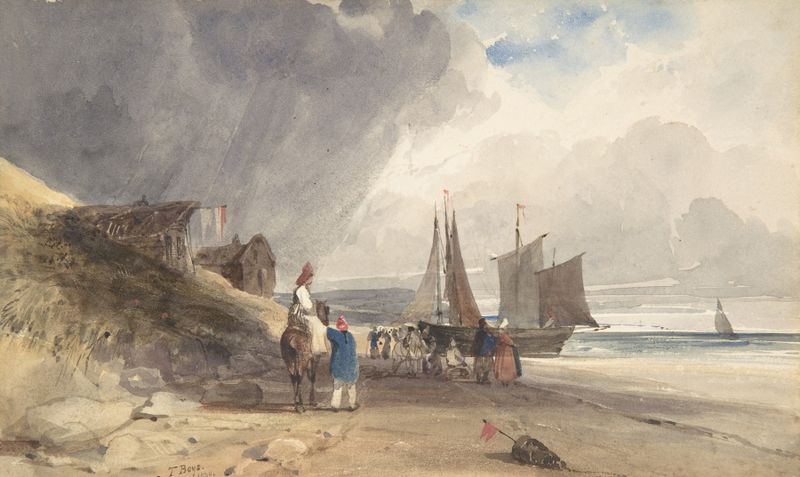 Figures on a Beach, Northern France de Thomas Shotter Boys, pintura a óleo que mostra figuras na praia