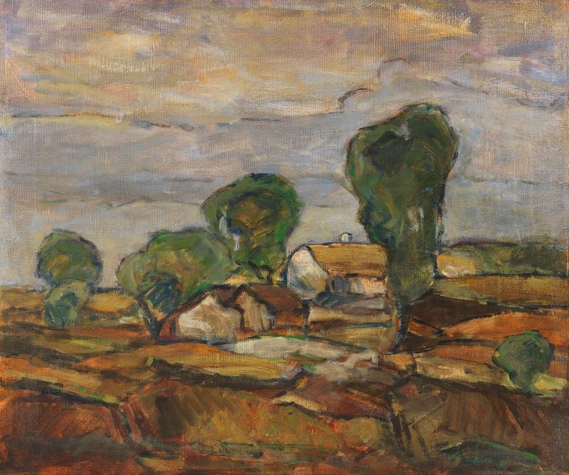 Landschaft mit Häusern und Bäumen by Adolf Hölzel, oil painting depicting hills, trees, and cottages.