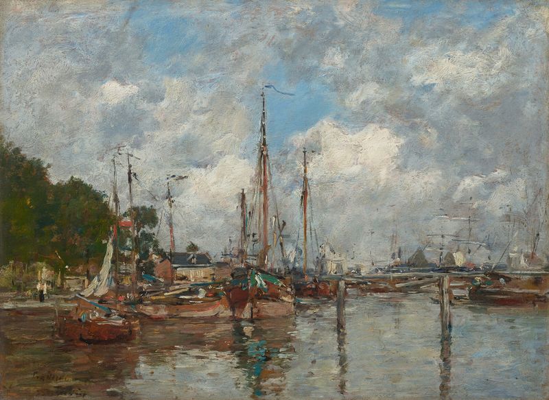 Pintura al óleo de Eugène Boudin que representa una escena marina con barcos y reflejos del atardecer.