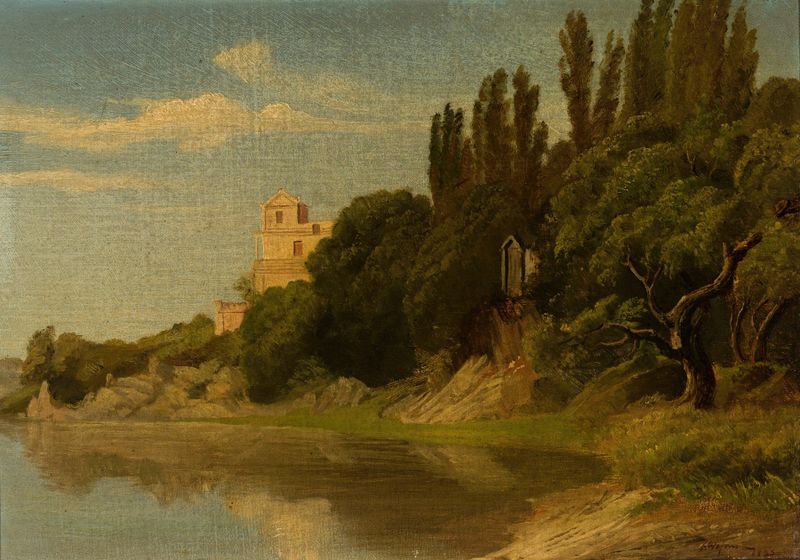 Paisaje costero italiano de Friedrich Wasmann, óleo de una orilla tranquila y agua calma.