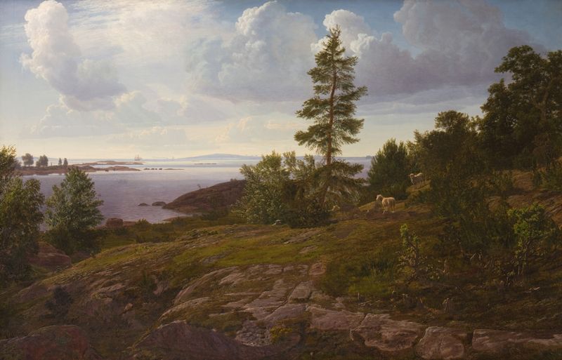 Landscape depicting a sunset over the archipelago, oil painting by Godtfred Rump