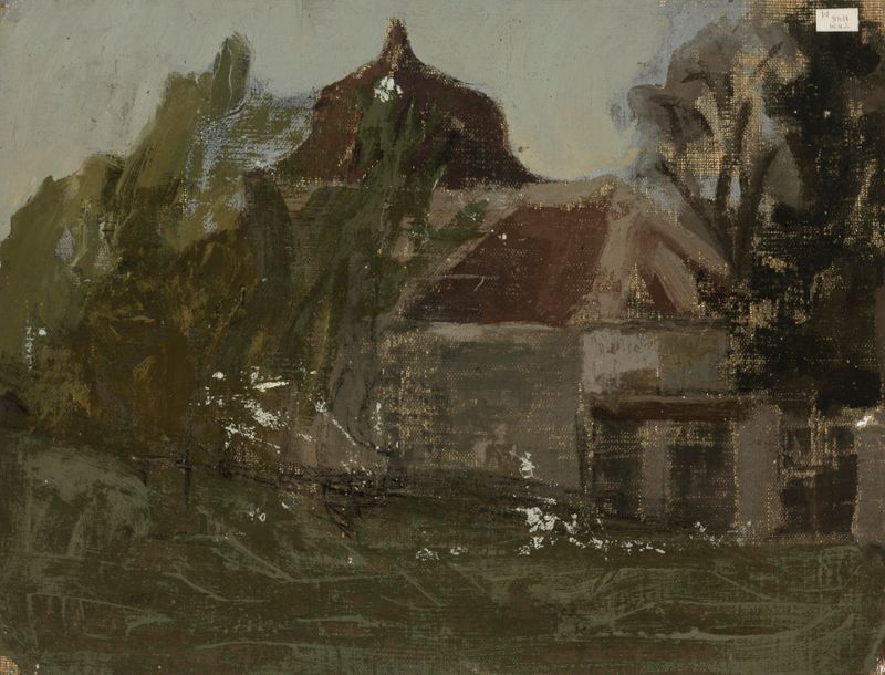 Oil painting by Nikolai Triik depicting a landscape with vibrant greens and warm browns.