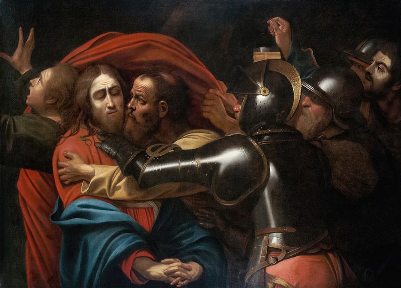 The Taking of Christ by Caravaggio, oil on canvas, depicts Christ in a moment of betrayal with dramatic light.