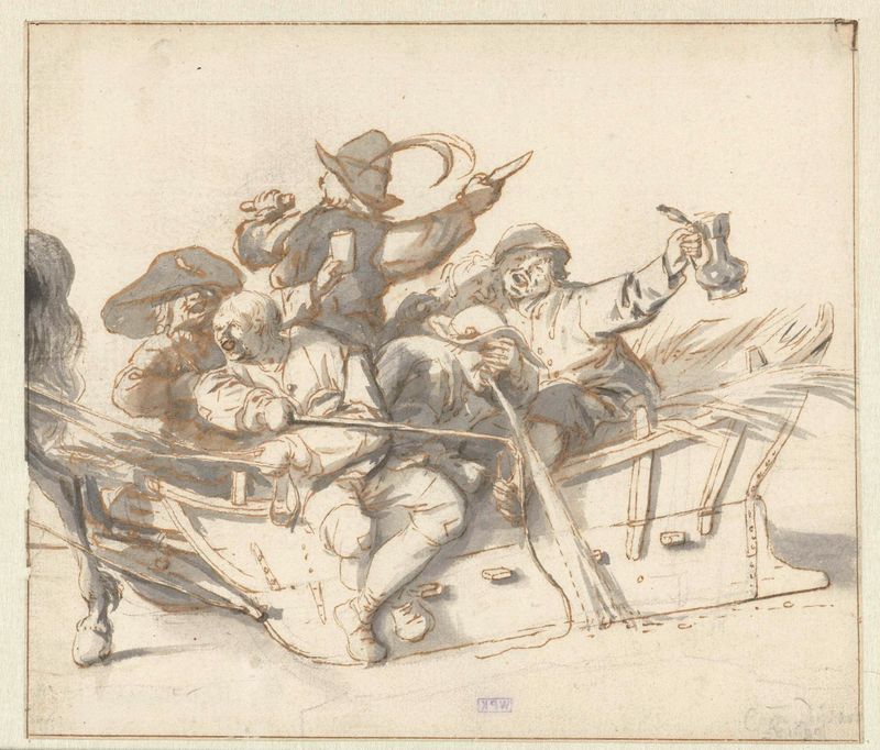 Drawing of five drunken villagers and a woman on a sleigh by Cornelis Dusart