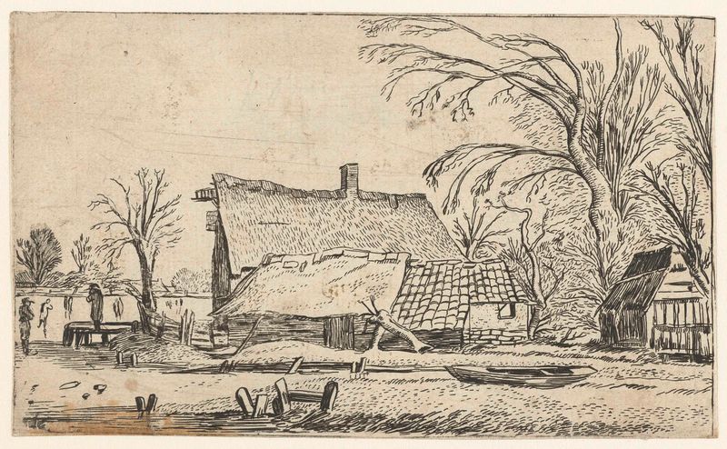 Grabado de Unknown Artist que muestra una granja junto a un río congelado