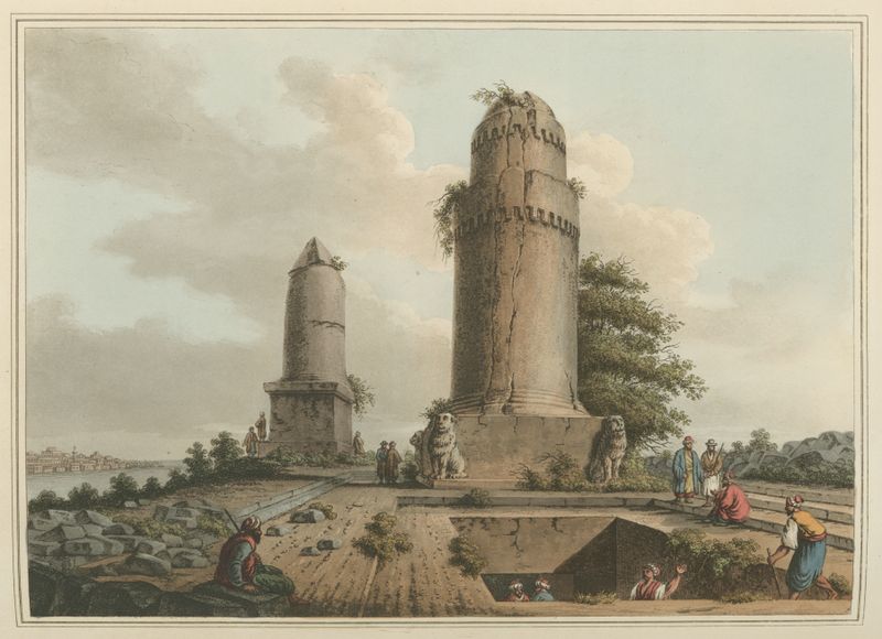 Paisagem com monumentos antigos e céu de Luigi Mayer, pintura a óleo