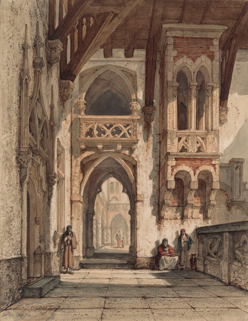 Interior de un palacio, óleo sobre lienzo de François Stroobant con detalles ornamentales y luz.
