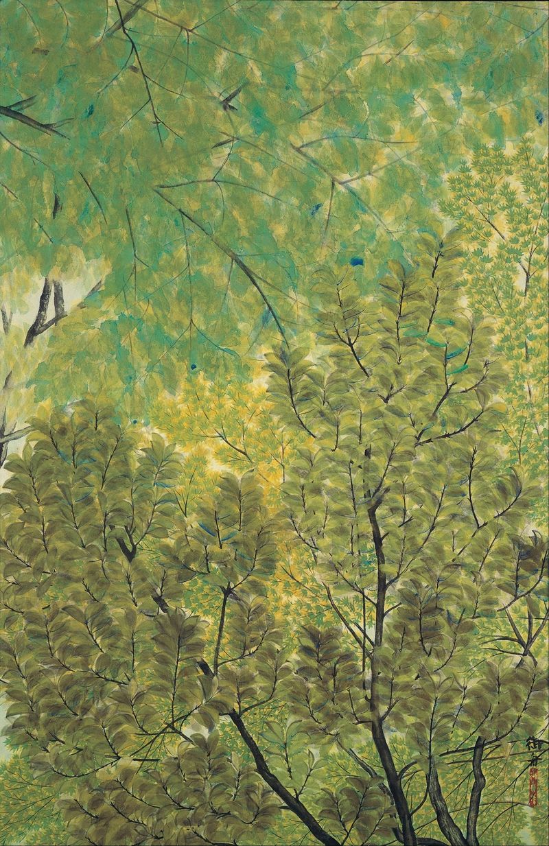 New Leaves de Hayami Gyoshu, tinta sobre papel, que representa hojas verdes vibrantes y tonos tierra.