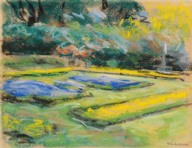 Landscape with lush garden and flowers by Max Liebermann, oil painting