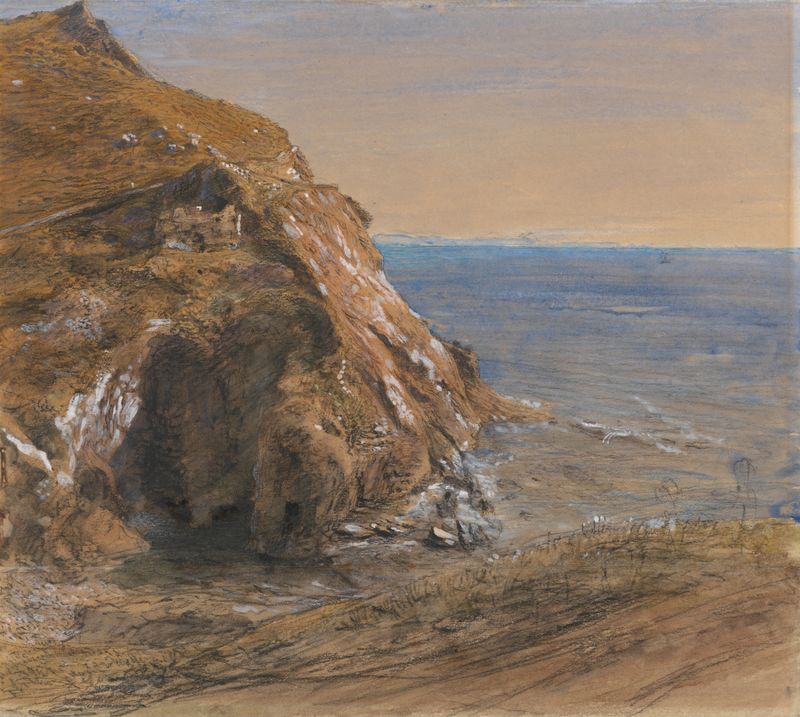 The Rock Slip near Boscastle de Samuel Palmer, pintura a óleo que retrata falésias e paisagem vibrante.