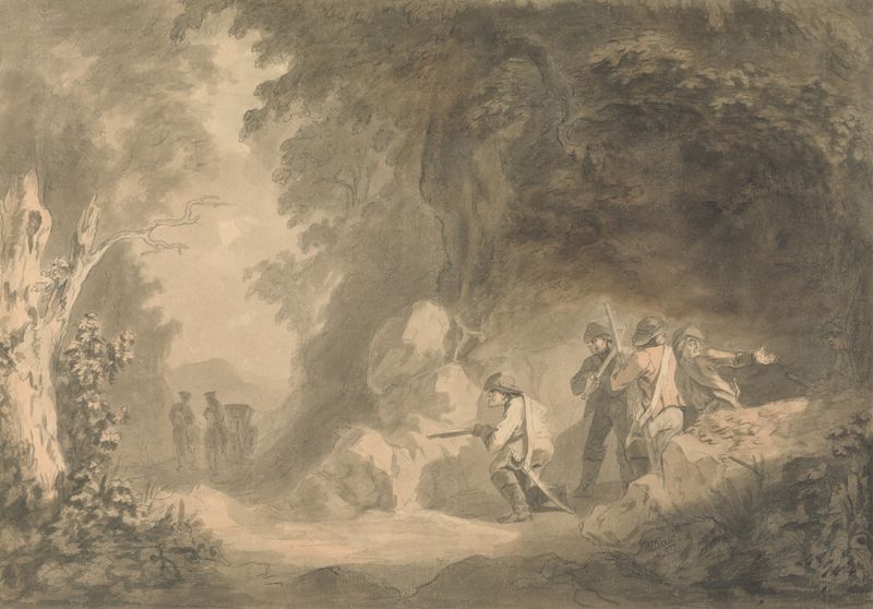 Cena histórica com bandidos emboscando uma carruagem, pintura a óleo de Samuel Davis